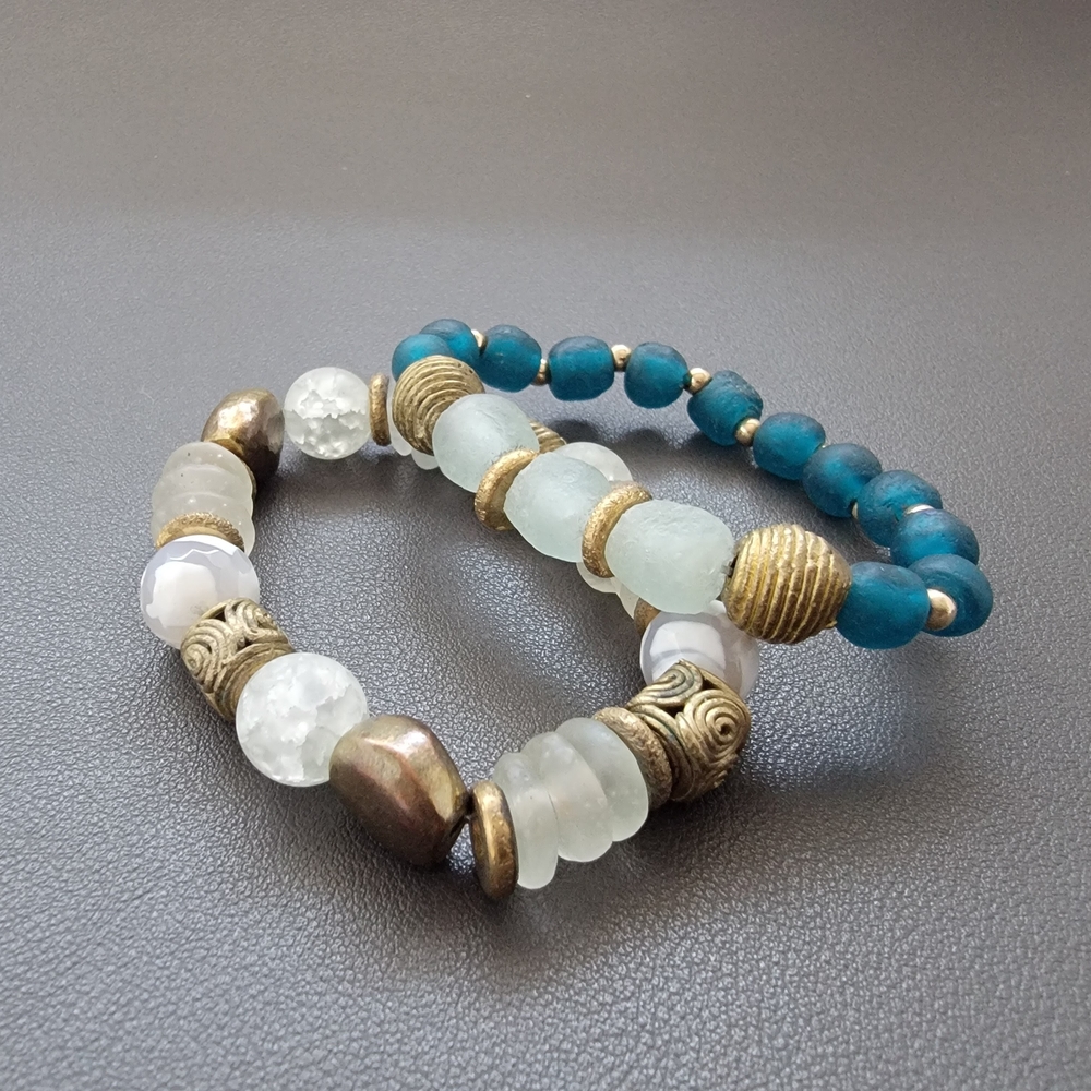 Eco-Friendly Small Wrist Recycled Glass & Brass Boho Bracelet Duo